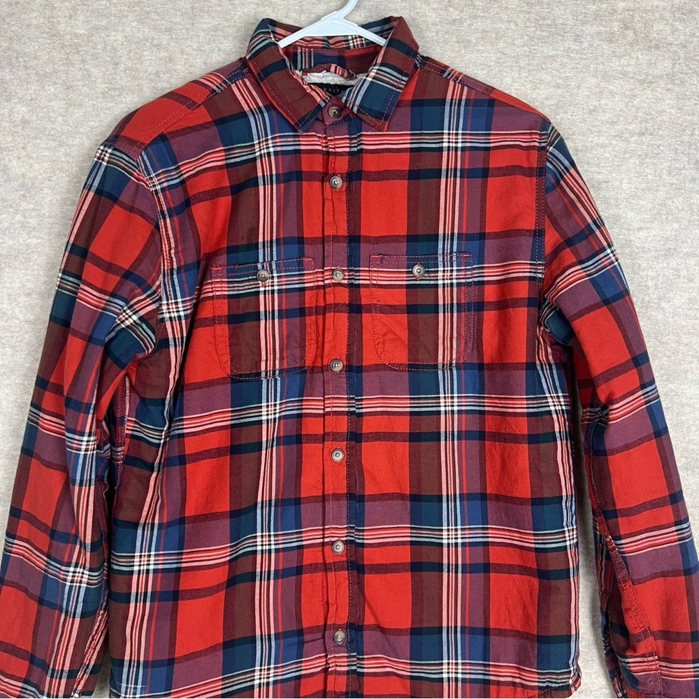 Aeropostale Men's Orange and Blue Plaid Flannel and Faux Fur Shacket - Size S